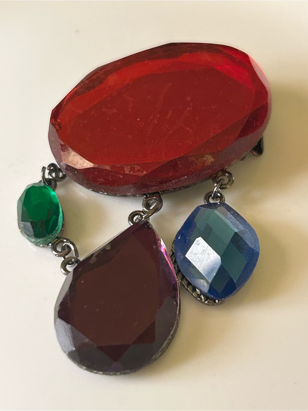 Multicolor Crystal Dangle Statement Brooch Red, Green, Blue, Purple Vintage